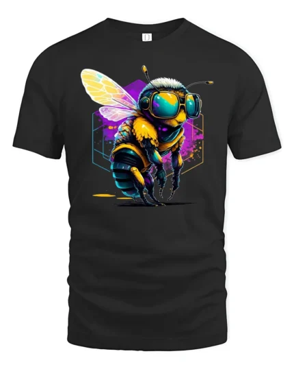Cool Cyber Bee T-Shirt Neon Insect Graphic Streetwear - black t-shirt on white background