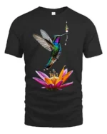 Colorful Hummingbird and Flower T-Shirt Nature Art Tee - black t-shirt on white background
