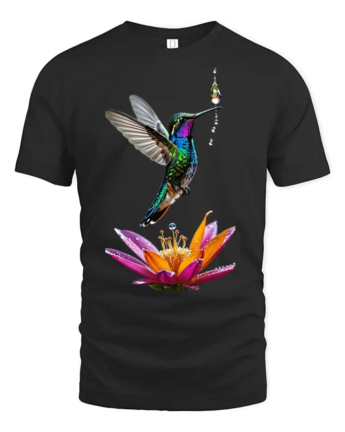 Colorful Hummingbird and Flower T-Shirt Nature Art Tee - black t-shirt on white background