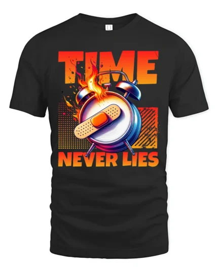 Time Never Lies Motivational T-Shirt Graphic Fire Clock Tee - black t-shirt on white background