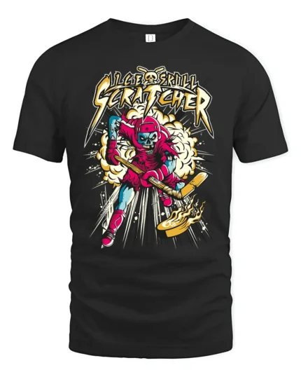 Ice Skull Scratcher Hockey T-Shirt Skeleton Player Tee - black t-shirt on white background