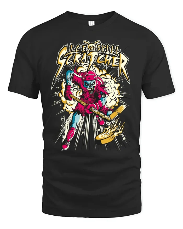 Ice Skull Scratcher Hockey T-Shirt Skeleton Player Tee - black t-shirt on white background