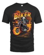 Skeleton Biker T-Shirt Flaming Motorcycle Graphic Tee - black t-shirt on white background