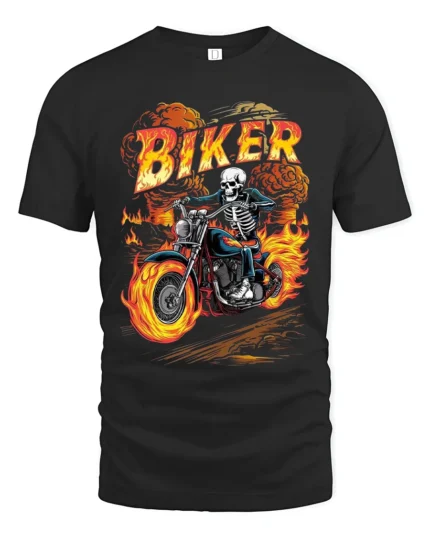 Skeleton Biker T-Shirt Flaming Motorcycle Graphic Tee - black t-shirt on white background