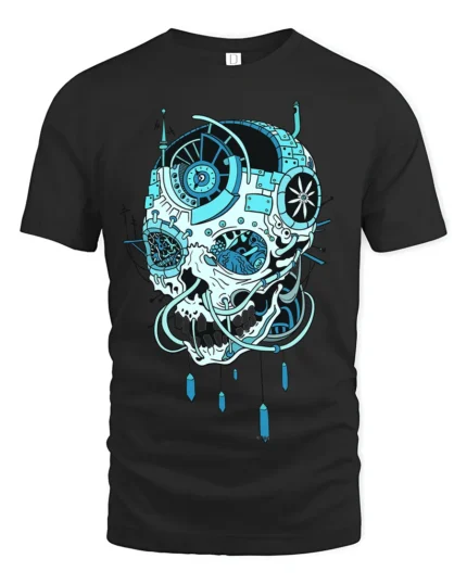 Cyber Skull Tech T-Shirt Futuristic Blue Skull Graphic - black t-shirt on white background