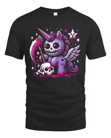 Gothic Unicorn T-Shirt Grim Fantasy Cute Creepy Tee - black t-shirt on white background