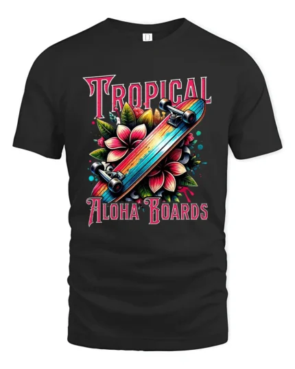 Tropical Skateboard T-Shirt Aloha Beach Style Tee - black t-shirt on white background