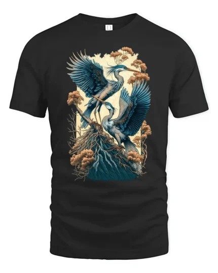 Majestic Heron Nature Scene T-Shirt Bird Art Tee - black t-shirt on white background