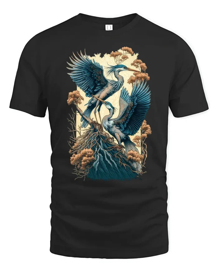 Majestic Heron Nature Scene T-Shirt Bird Art Tee - black t-shirt on white background