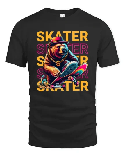 Cool Skater Bear Graphic T-Shirt Urban Streetwear Tee - black t-shirt on white background