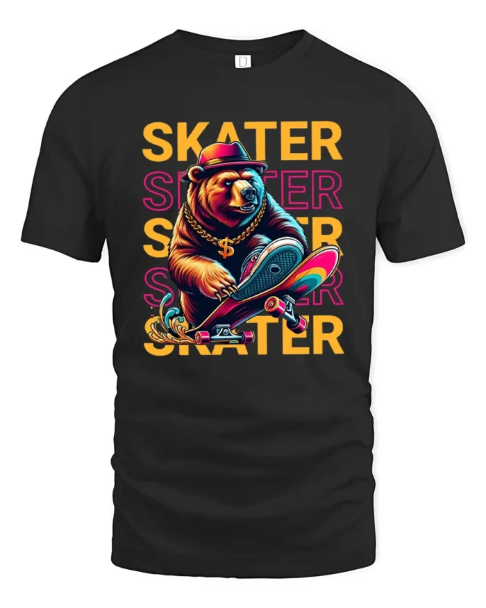 Cool Skater Bear Graphic T-Shirt Urban Streetwear Tee - black t-shirt on white background