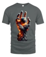 Earth in Flames T-Shirt Fiery Cosmic Hand Graphic Tee - gray t-shirt on white background