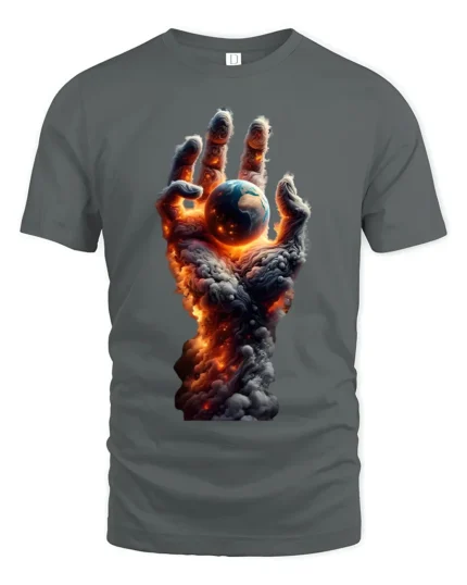 Earth in Flames T-Shirt Fiery Cosmic Hand Graphic Tee - gray t-shirt on white background