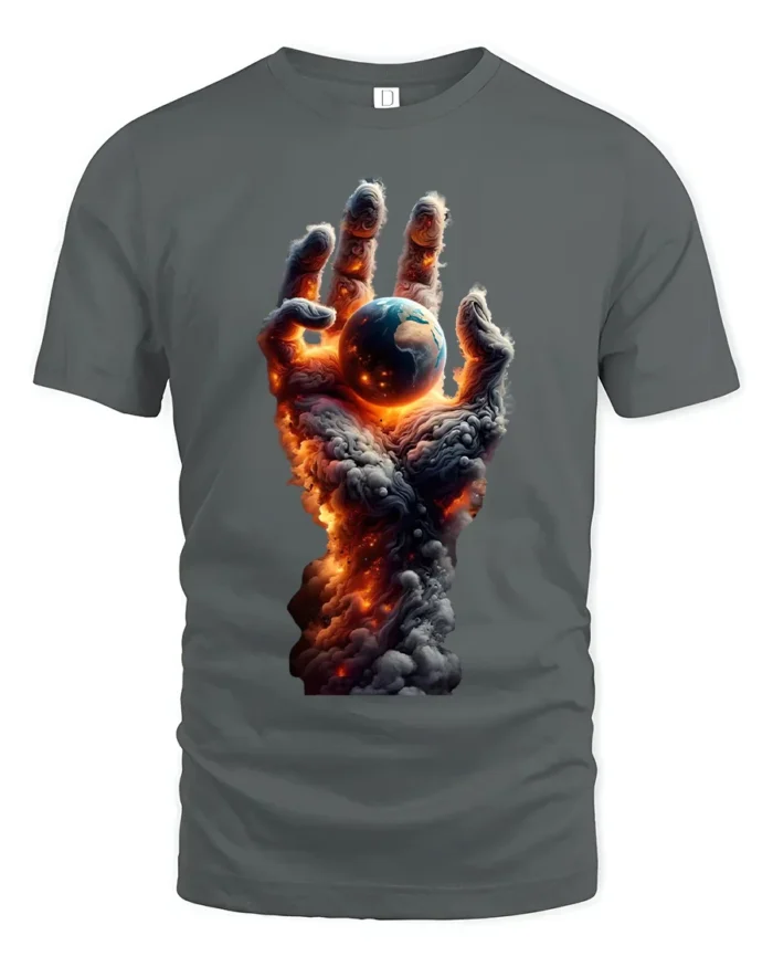 Earth in Flames T-Shirt Fiery Cosmic Hand Graphic Tee - gray t-shirt on white background
