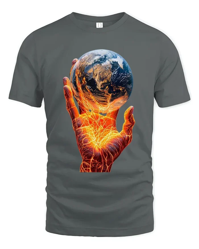Earth on Fire Graphic T-Shirt Fiery Hand Planet Art Tee - gray t-shirt on white background