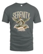 Serenity Angel Graphic T-Shirt Heavenly Choirs Print Tee - gray t-shirt on white background