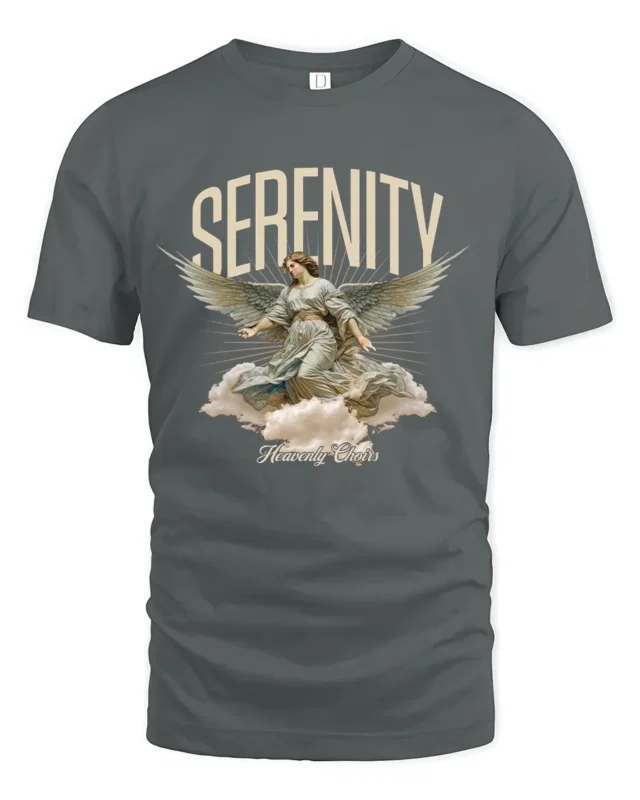 Serenity Angel Graphic T-Shirt Heavenly Choirs Print Tee - gray t-shirt on white background