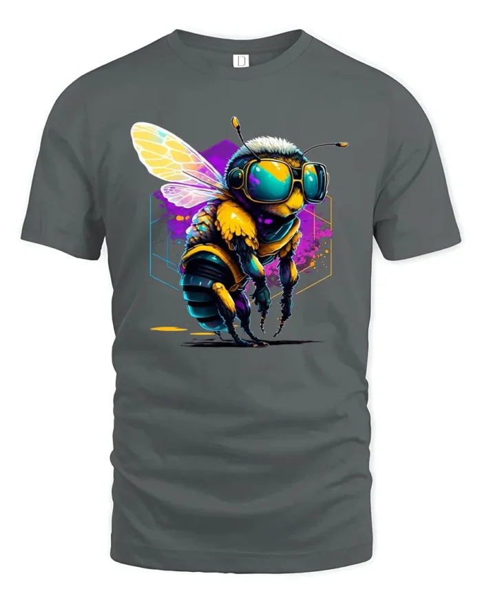 Cool Cyber Bee T-Shirt Neon Insect Graphic Streetwear - gray t-shirt on white background