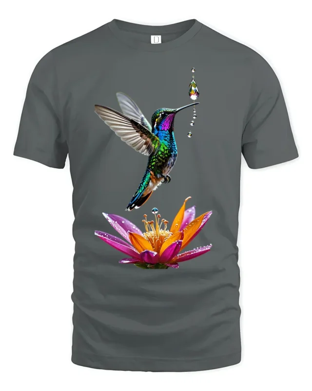 Colorful Hummingbird and Flower T-Shirt Nature Art Tee - gray t-shirt on white background