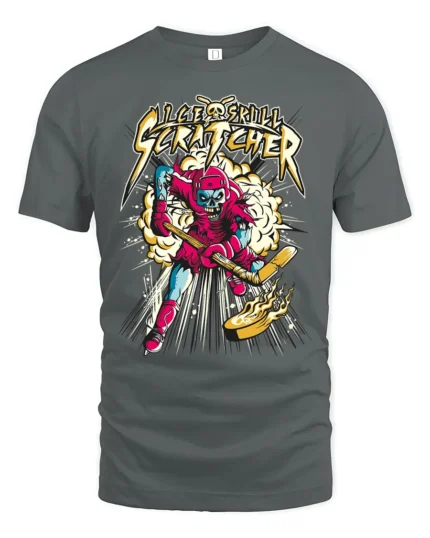Ice Skull Scratcher Hockey T-Shirt Skeleton Player Tee - gray t-shirt on white background