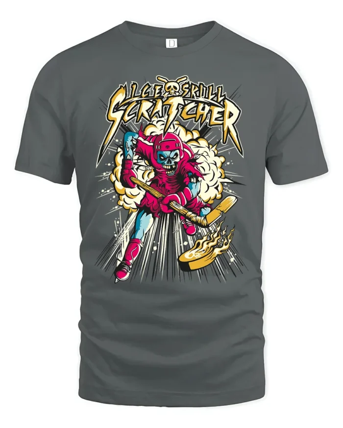 Ice Skull Scratcher Hockey T-Shirt Skeleton Player Tee - gray t-shirt on white background
