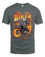 Skeleton Biker T-Shirt Flaming Motorcycle Graphic Tee - gray t-shirt on white background