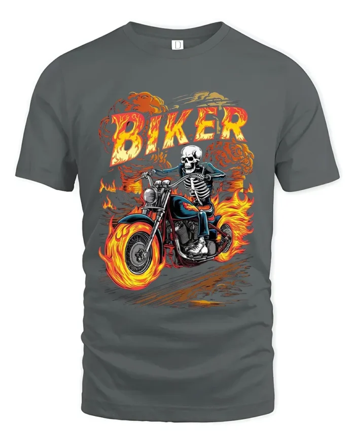 Skeleton Biker T-Shirt Flaming Motorcycle Graphic Tee - gray t-shirt on white background