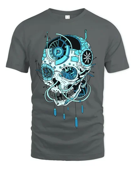 Cyber Skull Tech T-Shirt Futuristic Blue Skull Graphic - gray t-shirt on white background