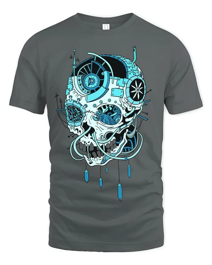 Cyber Skull Tech T-Shirt Futuristic Blue Skull Graphic - gray t-shirt on white background