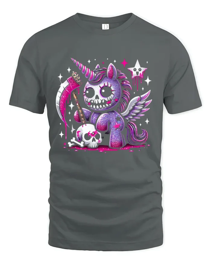 Gothic Unicorn T-Shirt Grim Fantasy Cute Creepy Tee - gray t-shirt on white background