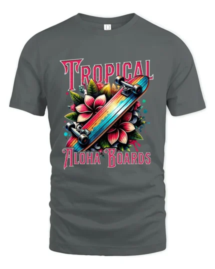 Tropical Skateboard T-Shirt Aloha Beach Style Tee - gray t-shirt on white background
