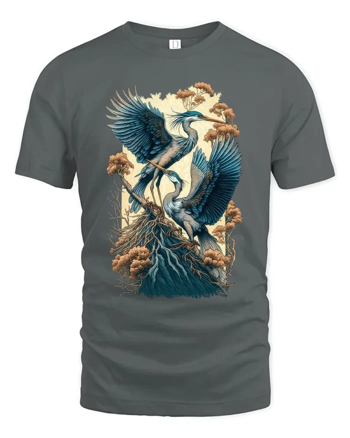 Majestic Heron Nature Scene T-Shirt Bird Art Tee - gray t-shirt on white background