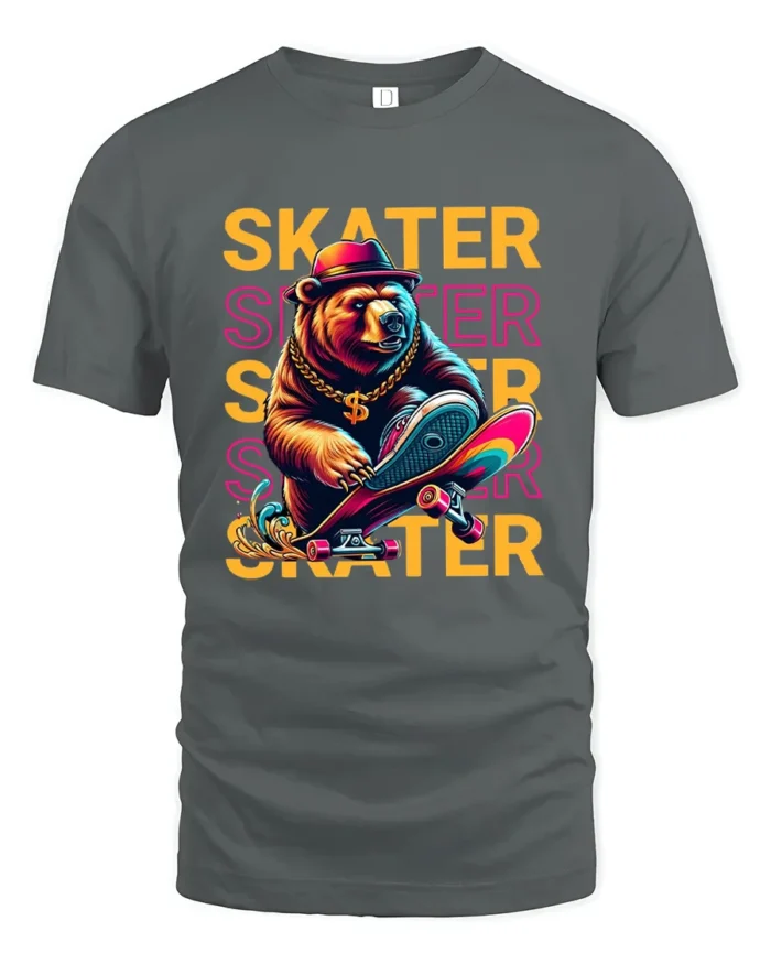 Cool Skater Bear Graphic T-Shirt Urban Streetwear Tee - gray t-shirt on white background