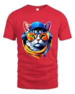 Cool Cat DJ T-Shirt Hip Hop Cat in Headphones Tee - red t-shirt on white background