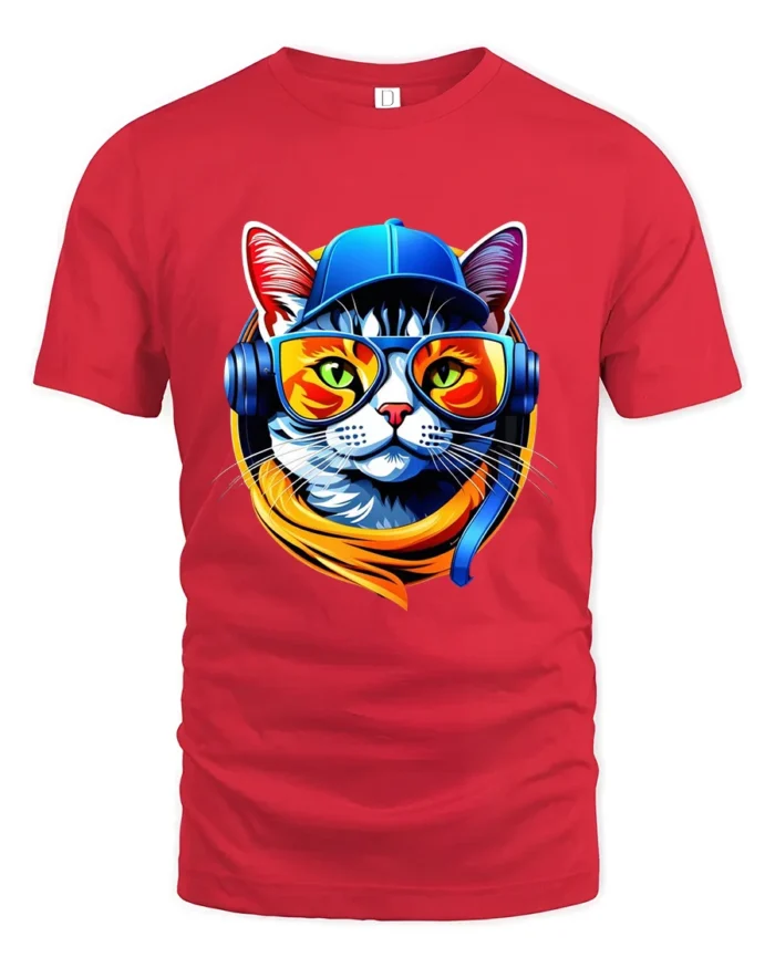 Cool Cat DJ T-Shirt Hip Hop Cat in Headphones Tee - red t-shirt on white background