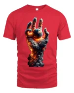 Earth in Flames T-Shirt Fiery Cosmic Hand Graphic Tee - red t-shirt on white background