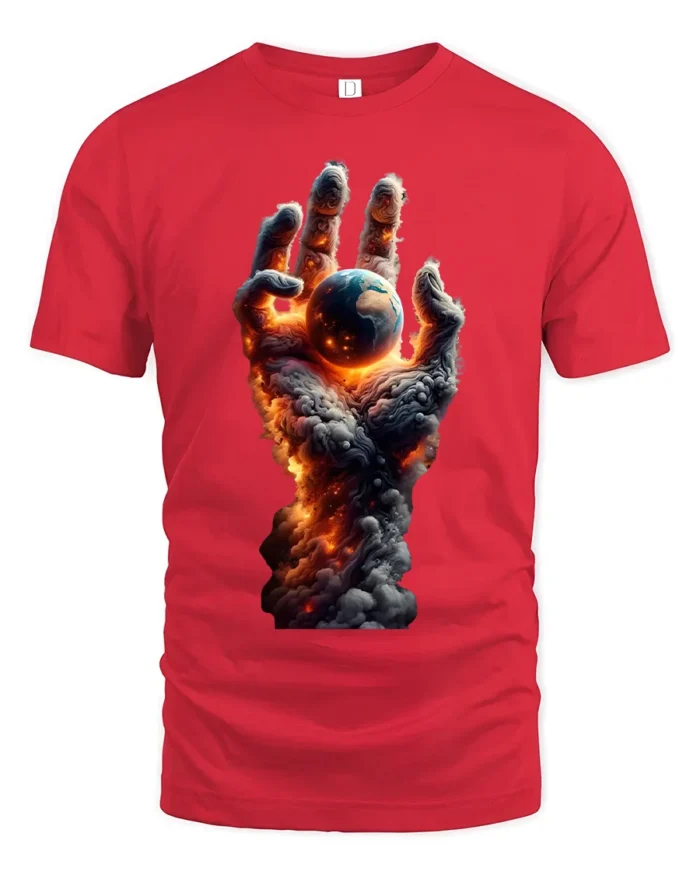 Earth in Flames T-Shirt Fiery Cosmic Hand Graphic Tee - red t-shirt on white background