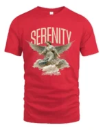 Serenity Angel Graphic T-Shirt Heavenly Choirs Print Tee - red t-shirt on white background