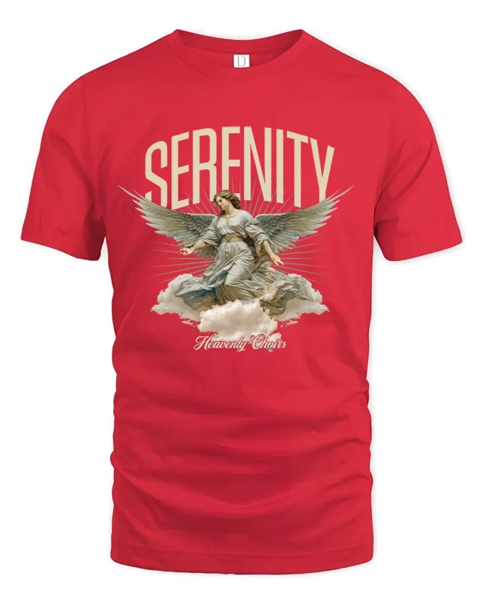 Serenity Angel Graphic T-Shirt Heavenly Choirs Print Tee - red t-shirt on white background
