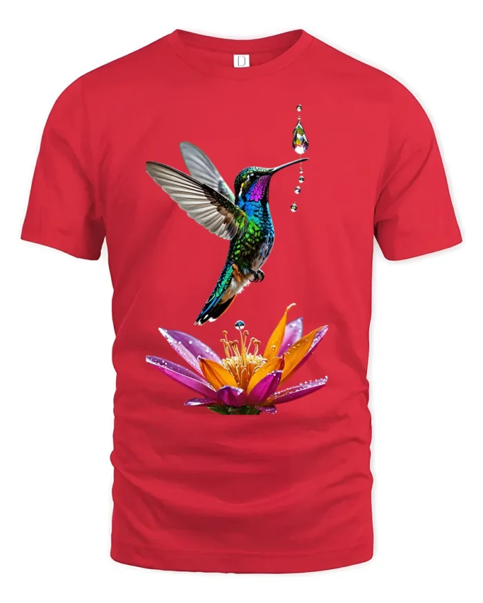 Colorful Hummingbird and Flower T-Shirt Nature Art Tee - red t-shirt on white background