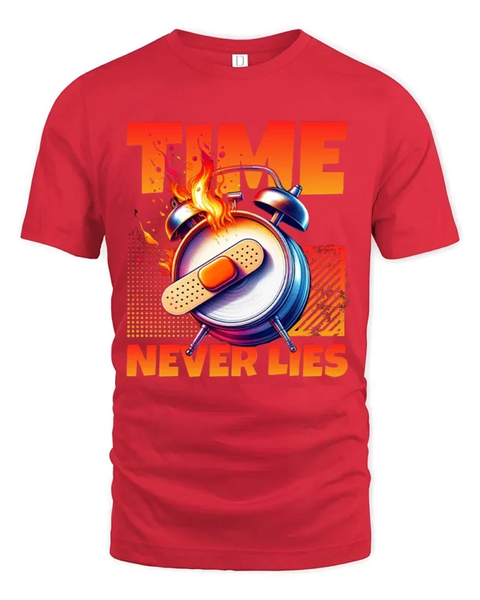 Time Never Lies Motivational T-Shirt Graphic Fire Clock Tee - red t-shirt on white background