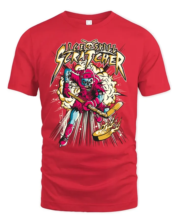 Ice Skull Scratcher Hockey T-Shirt Skeleton Player Tee - red t-shirt on white background