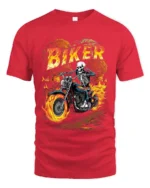 Skeleton Biker T-Shirt Flaming Motorcycle Graphic Tee - red t-shirt on white background