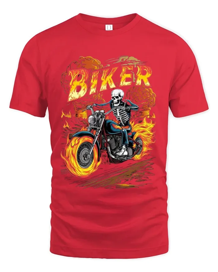 Skeleton Biker T-Shirt Flaming Motorcycle Graphic Tee - red t-shirt on white background
