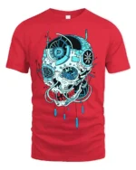 Cyber Skull Tech T-Shirt Futuristic Blue Skull Graphic - red t-shirt on white background