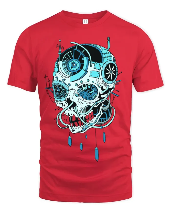 Cyber Skull Tech T-Shirt Futuristic Blue Skull Graphic - red t-shirt on white background