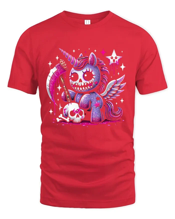 Gothic Unicorn T-Shirt Grim Fantasy Cute Creepy Tee - red t-shirt on white background