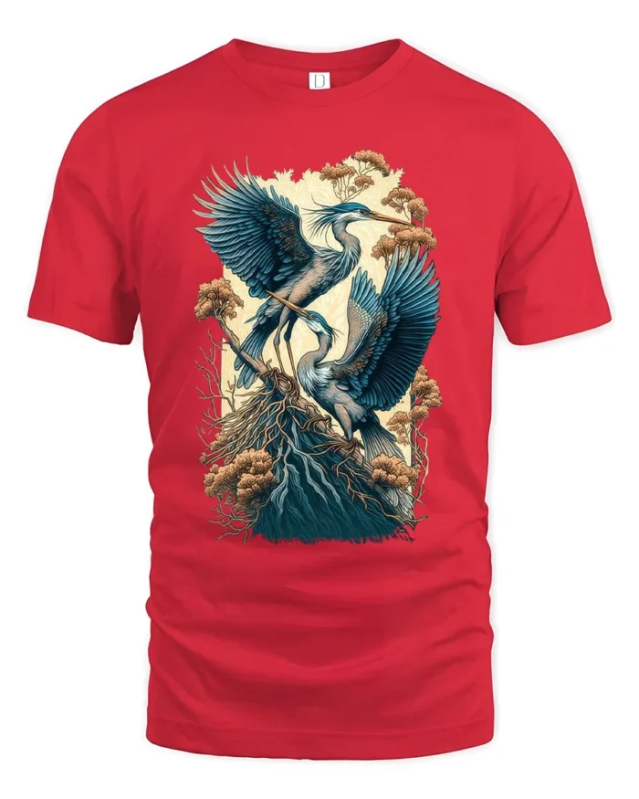 Majestic Heron Nature Scene T-Shirt Bird Art Tee - red t-shirt on white background