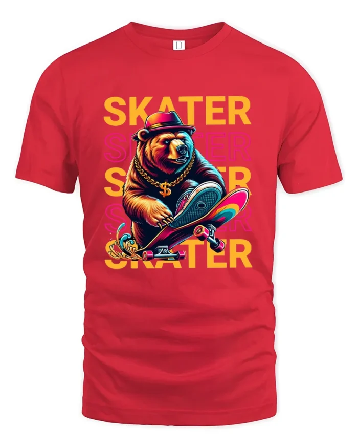 Cool Skater Bear Graphic T-Shirt Urban Streetwear Tee - red t-shirt on white background