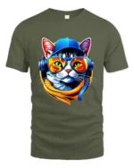 Cool Cat DJ T-Shirt Hip Hop Cat in Headphones Tee - military green t-shirt on white background